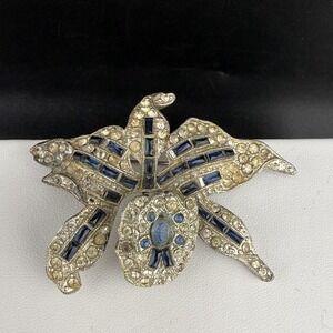 Vintage Flower  Brooch Trembler Blue Lily Silver Tone Rhinestone
